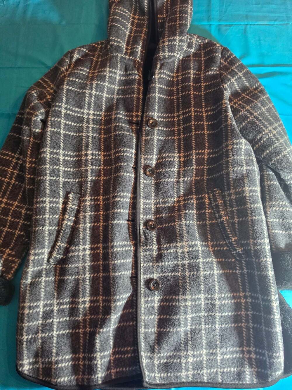 Ike Behar Women's Grey Plaid Button-Front Hooded Coat Size L